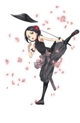 Rule 34 | 1girl, :o, armband, bare shoulders, black eyes, black hair, black hat, black legwear, breasts, flower, full body, hair flower, hair ornament, hat, highres, holding, holding sword, holding weapon, katana, kicking, looking at viewer, motion blur, official art, petals, princess principal, princess principal game of mission, sandals, short hair, small breasts, standing, standing on one leg, sword, toudou chise, transparent background, unworn hat, unworn headwear, weapon