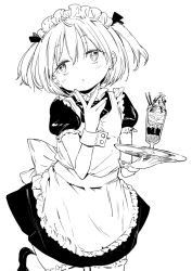 Rule 34 | 1girl, ahoge, apron, atage, back bow, blush, bow, child, cowboy shot, fingernails, greyscale, hand up, holding, holding tray, maid, maid headdress, monochrome, original, parfait, parted lips, puffy short sleeves, puffy sleeves, rolling eyes, shoes, short sleeves, simple background, solo, standing, standing on one leg, tray, two side up, white background, wrist cuffs