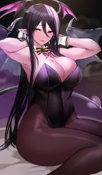 Rule 34 | 1girl, absurdres, agetama, armpits, arms up, ass, bat wings, black hair, black leotard, black pantyhose, bow, bowtie, breasts, cleavage, collar, commission, demon girl, demon tail, demon wings, highres, large breasts, legs together, leotard, looking at viewer, original, pantyhose, pointy ears, purple eyes, seductive smile, sitting, skeb commission, smile, solo, tail, thick thighs, thighs, wings