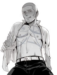 Rule 34 | 1boy, bare pectorals, belt, black pants, blush, buzz cut, facial hair, foxvulpine, goatee, golden kamuy, greyscale, licking lips, long sideburns, looking at viewer, male focus, monochrome, navel, open clothes, open shirt, pants, pectorals, shiraishi yoshitake, short hair, sideburns, simple background, solo, toned, toned male, tongue, tongue out, undressing, very short hair