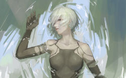 Rule 34 | 1girl, absurdres, android, bare shoulders, black eyes, black gloves, black shirt, breasts, elbow gloves, from above, gloves, hair between eyes, highres, long hair, looking at viewer, lying, nier:automata, nier (series), on back, one eye closed, open mouth, shirt, sleeveless, solo, water, wet, wet clothes, wet hair, white hair, world (1257843324), a2 (nier:automata)