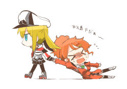 Rule 34 | &gt; &lt;, 10s, 2girls, aquila (kancolle), blonde hair, blue eyes, check translation, chibi, dragging, closed eyes, graf zeppelin (kancolle), hair ornament, hairclip, hat, kantai collection, multiple girls, orange hair, pantyhose, rebecca (keinelove), translation request