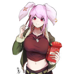 Rule 34 | 1girl, absurdres, alternate costume, animal ears, bandaid, breasts, closed mouth, dog tags, ear piercing, eating, food, fur trim, green jacket, highres, holding, holding food, holding pocky, jacket, jewelry, large breasts, looking at viewer, midriff, navel, pendant, piercing, pink hair, pocky, rabbit ears, red eyes, reisen udongein inaba, simple background, solo, tank top, touhou, upper body, white background, yagoro kusuriya, zipper