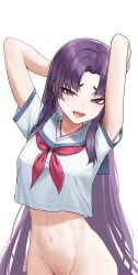 Rule 34 | 1girl, absurdres, arms up, blue archive, blush, eyeliner, fang, groin, highres, long hair, looking at viewer, makeup, navel, neckerchief, no halo, open mouth, purple eyes, purple hair, red eyeliner, red neckerchief, sailor collar, school uniform, serafuku, short sleeves, simple background, skin fang, solo, soriham, white background, white sailor collar, yukari (blue archive)