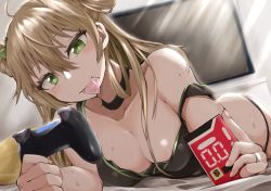 Rule 34 | 1girl, blonde hair, blush, breasts, check commentary, choker, commentary request, condom, condom box, condom in mouth, condom wrapper, controller, double bun, dutch angle, girls&#039; frontline, green eyes, hair between eyes, hair bun, highres, holding, holding controller, jewelry, kuzumotsu, large breasts, long hair, looking at viewer, mouth hold, no pants, rfb (girls&#039; frontline), ring, simple background, solo, sweatdrop, tagme, wedding ring