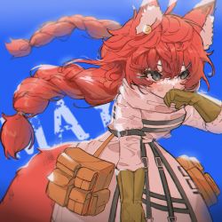 Rule 34 | 1girl, absurdres, animal ear fluff, animal ears, bad id, bad pixiv id, bag, blue background, brown bag, character name, dress, gloves, green gloves, grey eyes, hair between eyes, hair ornament, hairclip, highres, long hair, orange hair, original, rima (0136), scratches, simple background, smiley face, solo, tail, twintails, wiping face, wiping mouth