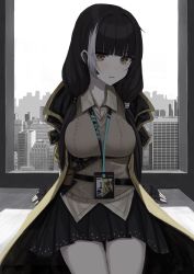 Rule 34 | absurdres, arms behind back, beige shirt, beige sweater, black gloves, black hair, black jacket, black skirt, blunt bangs, breasts, brown shirt, building, cityscape, collarbone, commentary request, day, eyebrows, fingerless gloves, girls&#039; frontline, gloves, grey sky, hairband, head tilt, heterochromia, highres, id card, jacket, large breasts, legs together, looking at viewer, low twintails, mado mdmbx (wjjj5485), multicolored clothes, multicolored hair, multicolored jacket, parted lips, red eyes, ro635 (girls&#039; frontline), shirt, sitting, skirt, sky, skyscraper, streaked hair, sweater, thigh gap, thighs, twintails, white hair, white hairband, window, yellow eyes, yellow jacket
