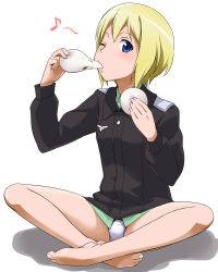 Rule 34 | 1girl, barefoot, blonde hair, blue eyes, blush, daifuku, daifukumochi, eating, erica hartmann, feet, food, indian style, military, military uniform, mouth hold, musical note, one eye closed, panties, short hair, sitting, smile, solo, strike witches, underwear, uniform, wagashi, white panties, wink, world witches series, youkan, youkan (food)