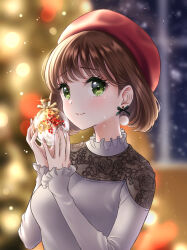 Rule 34 | 1girl, absurdres, beret, blurry, blurry background, blush, bokeh, bow, bow earrings, breasts, brown hair, christmas, crying, dangle earrings, depth of field, earrings, flask, green eyes, hat, highres, holding, holding flask, holly, jewelry, lace, long sleeves, looking at viewer, medium breasts, nail polish, original, pom pom (clothes), pom pom earrings, sakunagita, short hair, smile, snowing, solo, tears, upper body, window