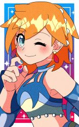 Rule 34 | 1girl, aqua eyes, armpits, bare shoulders, breasts, creatures (company), detached sleeves, earrings, eyelashes, game freak, hakoya, heart, highres, jewelry, looking at viewer, misty (pokemon), misty (sygna suit) (pokemon), nail polish, nintendo, official alternate costume, one eye closed, open mouth, orange hair, pokemon, pokemon masters ex, shirt, short hair, smile, solo, twitter username, upper body, wink