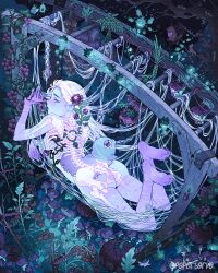 Rule 34 | 1girl, aqua nails, ass, blue skin, bug, colored skin, completely nude, flower, highres, leaf, long hair, nude, original, paperlarva, plant, profile, purple flower, see-through body, skeleton, solo, surreal, white hair, wide shot