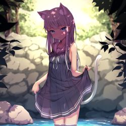 Rule 34 | 1girl, animal ears, backlighting, bare arms, bare shoulders, black dress, blue eyes, cat ears, cat girl, cat tail, closed mouth, commentary, day, dress, english commentary, grey hair, long hair, original, outdoors, pleated dress, ryuinu, sailor collar, sailor dress, see-through silhouette, skirt hold, sleeveless, sleeveless dress, smile, sunlight, tail, very long hair, wading, water, white sailor collar