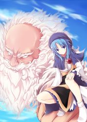 1boy 1girl bad_id bad_pixiv_id beard blue_eyes blue_hair blue_sky cloud day facial_hair hasuga_sea highres hood japanese_clothes kumoi_ichirin long_sleeves looking_at_viewer matching_hair/eyes mustache sky touhou unzan wide_sleeves