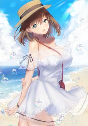 Rule 34 | 1girl, absurdres, bag, bare shoulders, beach, between breasts, blue sky, blush, braid, breasts, brown hair, bubble, charlotte corday (fate), cleavage, collarbone, day, dress, fate/grand order, fate (series), green eyes, hat, highres, katase bono, large breasts, looking at viewer, ocean, open mouth, shore, short hair, short sleeves, shoulder bag, side braid, sky, smile, solo, standing, thighs, white dress