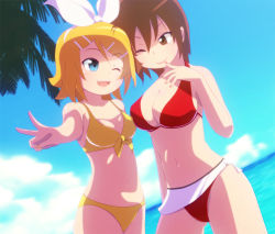 Rule 34 | 2girls, ;), ;d, bikini, blonde hair, blue eyes, breasts, brown eyes, brown hair, cleavage, day, dutch angle, finger to mouth, hair ornament, hair ribbon, hairclip, kagamine rin, medium breasts, meiko (vocaloid), multiple girls, nail polish, navel, ocean, one eye closed, open mouth, outdoors, ribbon, short hair, sky, smile, swimsuit, tadahama, v, vocaloid, wink