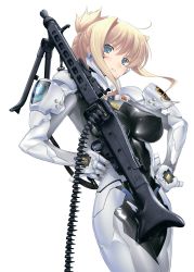 Rule 34 | 1girl, absurdres, artist request, black bodysuit, blonde hair, blue eyes, bodysuit, breasts, carrying, covered erect nipples, folded ponytail, gun, highres, ilfriede von feulner, impossible bodysuit, impossible clothes, large breasts, long hair, looking at viewer, machine gun, mg42, muv-luv, muv-luv alternative, muv-luv alternative chronicles, pilot suit, shoulder carry, simple background, skin tight, solo, standing, the euro front, weapon, white background