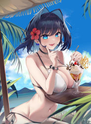 Rule 34 | 1girl, :d, absurdres, arched back, beach umbrella, bikini, black hair, blue eyes, blue hair, blue sky, blurry, breast rest, breasts, cherry, chocolate syrup, cleavage, cloud, cup, day, depth of field, elbow rest, fang, flower, food, fruit, hair flower, hair intakes, hair ornament, hibiscus, highres, holding, holding spoon, hololive, hololive english, huge breasts, ice cream, index finger raised, looking at viewer, navel, open mouth, ouro kronii, outdoors, red flower, rpg (ram), short hair, side-tie bikini bottom, sitting, sky, smile, solo, spoon, stomach, sundae, swimsuit, table, umbrella, virtual youtuber