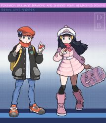 Rule 34 | 1boy, 1girl, :o, alternate costume, backpack, bag, belt, black hair, boots, buttons, closed mouth, coat, commentary, copyright name, creatures (company), dawn (pokemon), dreambig, duffel bag, eyelashes, floating hair, full body, game freak, grey eyes, hair ornament, hairclip, hand up, hat, highres, holding, holding poke ball, long hair, long sleeves, lucas (pokemon), nintendo, orange headwear, orange scarf, outline, over-kneehighs, pants, pink bag, pink coat, pink footwear, poke ball, poke ball (basic), pokemon, pokemon bdsp, red footwear, scarf, shoes, short hair, sidelocks, smile, standing, sweater, thighhighs, watermark, white belt, white headwear, yellow bag