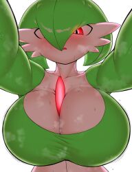 Rule 34 | 1girl, blush, breast focus, breasts, breath, collarbone, colored skin, creatures (company), female focus, game freak, gardevoir, gen 3 pokemon, glowing, glowing eyes, green hair, green skin, hair over one eye, highres, huge breasts, looking at viewer, multicolored skin, nintendo, open mouth, outstretched arms, pero (pero7762), pokemon, pokemon (creature), red eyes, simple background, solo, steaming body, two-tone skin, upper body, white background, white skin
