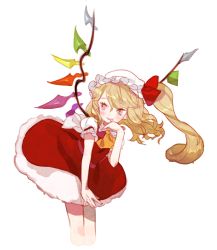 Rule 34 | 1girl, ascot, blonde hair, blush, flandre scarlet, gwayo, hat, mob cap, red eyes, short hair, side ponytail, simple background, skirt, skirt set, smile, solo, touhou, white background, wings