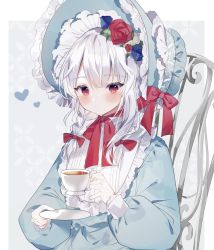 Rule 34 | 1girl, blush, bonnet, bow, braid, capelet, closed mouth, cup, dress, flower, frills, grey background, hat, hat flower, heart, highres, holding, holding cup, long hair, long sleeves, looking at viewer, original, red bow, red eyes, red flower, red rose, rose, simple background, solo, sorani (kaeru0768), teacup