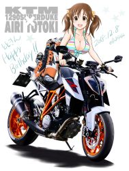 Rule 34 | 1girl, bare shoulders, biker clothes, bikesuit, bikini, bikini top only, blush, bodysuit, boots, breasts, brown eyes, brown hair, cleavage, commentary request, dated, flick (sal23), gradient background, highres, idolmaster, idolmaster cinderella girls, large breasts, looking at viewer, motor vehicle, motorcycle, open bodysuit, open clothes, open mouth, orange bodysuit, revision, scrunchie, sidelocks, smile, solo, sparkle, striped bikini, striped bikini top, striped clothes, swimsuit, totoki airi, twintails, two-tone background, white background