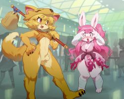 Rule 34 | 2girls, arm wrap, barefoot, bell, belt, black belt, black panties, blonde hair, blush, body fur, bottomless, breasts, chaopyon (sanjiro), cleavage, commentary request, commission, convention, cosplay, fang, flame print, fox girl, fox hat, full body, furrification, furry, furry female, halterneck, highres, holding, holding staff, indoors, leg wrap, long hair, looking at another, medium breasts, moonlight flower, multiple girls, official alternate costume, open mouth, original, panties, people, pink eyes, pink hair, rabbit girl, ragnarok online, sanjiro (tenshin anman), second-party source, shirt, short hair, skeb commission, sleeveless, sleeveless shirt, small breasts, staff, standing, sura (ragnarok online), textless version, thighs, underwear, white shirt