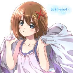 Rule 34 | 1girl, artist name, blue eyes, blue shirt, brown hair, camisole, casual, closed mouth, dated, hair ornament, hairclip, highres, holding, kuroi mimei, layered clothes, looking at viewer, lyrical nanoha, mahou shoujo lyrical nanoha, mahou shoujo lyrical nanoha a&#039;s, purple shirt, shirt, signature, smile, solo, tank top, upper body, x hair ornament, yagami hayate