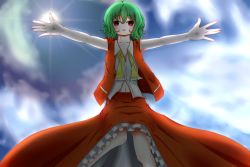 Rule 34 | 1girl, ascot, backlighting, blue sky, cloud, collarbone, female focus, from below, green hair, highres, kazami yuuka, kuronekomercy, lens flare, lips, looking at viewer, mole, navel, open \m/, open clothes, open hand, open shirt, outstretched arms, parted lips, red eyes, shirt, short hair, skirt, sky, solo, spread arms, sun, touhou, vest