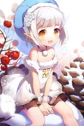 Rule 34 | bare shoulders, collarbone, dandelion, dress, flower, fur trim, gilse, grin, hat, layered dress, lowres, open mouth, orange eyes, pointy ears, short hair, sitting, smile, snow, snowflakes, solo, sword girls, tomato, white hair