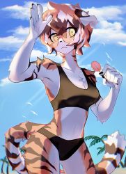 Rule 34 | 1girl, arknights, arm up, armpits, black nails, blue sky, breasts, candy, cleavage, cloud, commentary request, cowboy shot, crop top, day, food, furry, furry female, highres, holding, holding food, lollipop, medium breasts, midriff, nail polish, navel, orange hair, outdoors, round eyewear, short hair, sky, solo, sports bra, standing, stomahc, sunglasses, tail, thighs, tiger tail, waai fu (arknights), yellow eyes, yuxi (nixynyxxx)