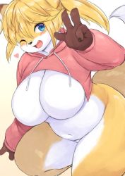 Rule 34 | 1girl, akitaka (mcdonnell-douglas), blonde hair, blue eyes, blush, bottomless, breasts, fang, fox, furry, furry female, happy, heart, hood, hoodie, large breasts, looking at viewer, one eye closed, simple background, smile, solo, sweater, v, white background, wink