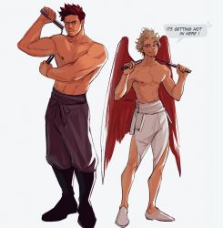 Rule 34 | 2boys, abs, alternate pectoral size, biceps, blonde hair, blue eyes, boku no hero academia, dougi, endeavor (boku no hero academia), english text, facial hair, feathered wings, full body, goatee, grey pants, hawks (boku no hero academia), highres, holding nunchaku, holding weapon, keva (liltkeva), male focus, mature male, multiple boys, muscular, muscular male, navel hair, nipples, nunchaku, pants, pectorals, red hair, red wings, scar, scar across eye, scar on face, short hair, sideburns, smile, smug, spiked hair, stubble, toned, toned male, topless male, weapon request, wings, aged down