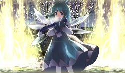 Rule 34 | 1girl, blue eyes, blue hair, bow, cirno, hair bow, hair ribbon, highres, ice, ice wings, long hair, looking at viewer, matching hair/eyes, mittens, ribbon, risutaru, scarf, solo, touhou, wings, winter