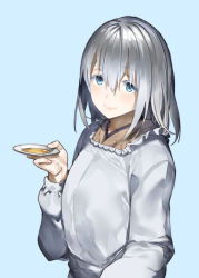 Rule 34 | 1girl, araido kagiri, blue background, blue eyes, closed mouth, commentary request, copyright request, dress, frilled dress, frills, grey hair, highres, holding, long sleeves, looking at viewer, saucer, smile, solo