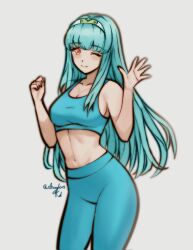 Rule 34 | abs, bare shoulders, blue hair, blue sports bra, breasts, circlet, cleavage, collarbone, commission, commissioner upload, fire emblem, fire emblem: the blazing blade, headband, highres, long hair, medium breasts, ninian (fire emblem), nintendo, one eye closed, pants, red eyes, rotomdocs, smile, sports bra, sportswear, stomach, yoga pants