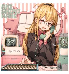Rule 34 | 1girl, absurdres, alternate costume, antique phone, bespectacled, black-framed eyewear, blonde hair, braid, breasts, character name, collared shirt, commentary request, corded phone, denonbu, drooling, glasses, haijima ginka, hand up, highres, indoors, long hair, long sleeves, looking up, medium breasts, mouth drool, office lady, open mouth, phone, pig, pink shirt, red eyes, rotary phone, shirokane aki, shirt, side braid, solo, talking on phone, tauyuki saema, television, typewriter, upper body
