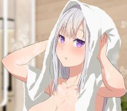 1girl after_bathing blurry blurry_background breasts camui1104 cleavage collarbone commentary_request emilia_(re:zero) hair_ornament hands_up highres indoors long_hair looking_at_viewer nude parted_lips purple_eyes re:zero_kara_hajimeru_isekai_seikatsu towel towel_on_head