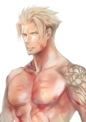 Rule 34 | 1boy, 6 (brm6), abs, beowulf (fate), blonde hair, facial hair, fate/grand order, fate (series), goatee, large pectorals, looking at viewer, male focus, mature male, muscular, muscular male, nipples, parted lips, pectorals, red eyes, scar, scar across eye, scar on chest, short hair, sideburns, solo, stomach, topless male, upper body