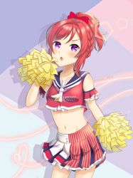 Rule 34 | 1girl, :o, alternate hairstyle, artist name, artist request, bare shoulders, blue sailor collar, blue skirt, blue wrist cuffs, blush, bow, braid, breasts, cheerleader, collarbone, crown braid, female focus, hair between eyes, hair bow, high ponytail, highres, holding, holding pom poms, looking at viewer, love live!, love live! school idol festival, love live! school idol project, nishikino maki, parted lips, pom pom (cheerleading), pom poms, ponytail, purple eyes, red bow, red hair, red shirt, red skirt, sailor collar, shirt, short hair, skirt, small breasts, smile, solo, striped bow, striped clothes, striped skirt, text focus, vertical-striped clothes, vertical-striped skirt, white bow, white skirt, wrist cuffs, yellow neckwear, yellow pom poms