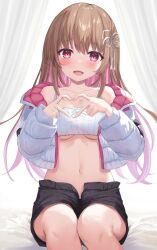 Rule 34 | 1girl, ayaginu temari, bare shoulders, black shorts, breasts, brown hair, colored inner hair, commission, crop top, cropped jacket, flower knot, hair ornament, heart, heart hands, highres, isekai tensei shite v ni narimashita, jacket, long hair, long sleeves, looking at viewer, medium breasts, midriff, miya (tokumei), mole, mole under eye, multicolored hair, navel, off shoulder, open clothes, open fly, open jacket, open mouth, pink hair, red eyes, second-party source, shorts, sitting, skeb commission, sleeveless, smile, solo, spaghetti strap, stomach, two-tone hair, underboob, virtual youtuber, white jacket