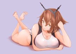 Rule 34 | 1girl, ass, bad anatomy, barefoot, breast rest, breasts, brown hair, cleavage, commentary, competition swimsuit, english commentary, artistic error, green eyes, grey background, hairband, headgear, highres, kantai collection, kevin fan, large breasts, looking at viewer, lying, mutsu (kancolle), on stomach, one-piece swimsuit, short hair, simple background, solo, swimsuit, white one-piece swimsuit