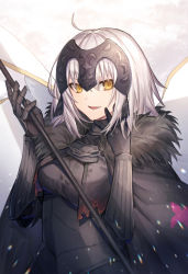 Rule 34 | 1girl, ahoge, armor, armored dress, black cape, black dress, black gloves, breasts, brown eyes, cape, commentary request, coyucom, dress, fate/grand order, fate (series), flag, fur-trimmed cape, fur trim, gloves, hair between eyes, hands up, headpiece, highres, holding, holding flag, jeanne d&#039;arc (fate), jeanne d&#039;arc alter (avenger) (fate), jeanne d&#039;arc alter (fate), looking at viewer, medium breasts, parted lips, smile, solo, white hair