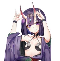 Rule 34 | 1girl, absurdres, bad id, bad pixiv id, bob cut, breasts, closed mouth, collarbone, eyebrows, fate/grand order, fate (series), highres, horns, looking at viewer, oni, poharo, purple eyes, purple hair, short hair, shuten douji (fate), simple background, skin-covered horns, small breasts, smile, solo, white background