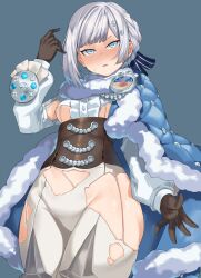 Rule 34 | 1girl, absurdres, akershus fortress (oshiro project), aqua eyes, badge, black corset, black gloves, blue cape, blue cloak, blush, bodysuit, braid, breasts, cape, center frills, cloak, corset, fluff, frilled shirt, frills, fur-trimmed cape, fur-trimmed cloak, fur trim, gloves, grey hair, hai ookami, hair ornament, hand up, highres, long sleeves, looking up, medium breasts, oshiro project:re, padded cloak, puffy long sleeves, puffy sleeves, ribbon, shirt, solo, striped ribbon, sweat, thighs, tight clothes, torn, torn bodysuit, torn clothes, white bodysuit, white shirt