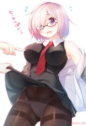 Rule 34 | 1girl, between breasts, black dress, blush, bow, bow panties, breast poke, breasts, brown-framed eyewear, clothes lift, clothes pull, collared shirt, covered navel, dress, dress lift, embarrassed, eyes visible through hair, fate/grand order, fate (series), flying sweatdrops, from below, glasses, hair over one eye, hood, hoodie, izumi akane, large breasts, light purple hair, looking down, mash kyrielight, necktie, necktie between breasts, open mouth, panties, panties under pantyhose, pantyhose, pink hair, poking, purple eyes, red bow, red necktie, shirt, short hair, simple background, skirt, skirt lift, sleeveless, sleeveless shirt, solo, sweater, sweater pull, thighband pantyhose, translation request, twitter username, underwear, white background, white panties, white shirt