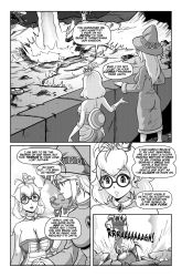 Rule 34 | 2girls, breasts, cleavage, comic, crown, gem, glasses, hat, highres, kamek, lakitu, large breasts, left-to-right manga, mario (series), monochrome, multiple girls, new super mario bros. u deluxe, nintendo, speech bubble, super crown, tony kuusisto, witch, witch hat
