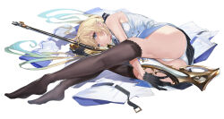 Rule 34 | 1girl, absurdres, aizawa ema, ass, bare shoulders, between legs, black gloves, black thighhighs, blonde hair, blue eyes, blush, breasts, coat, commentary, dress, full body, ga/ddd, gloves, gun, hair ribbon, highres, holding, holding weapon, lace, lace-trimmed legwear, lace trim, long hair, looking at viewer, lying, medium breasts, no shoes, on side, panties, puckered lips, ribbon, rifle, short dress, simple background, sleeveless, sleeveless dress, sniper rifle, solo, thighhighs, underwear, unworn coat, very long hair, virtual youtuber, vspo!, weapon, white background, white panties