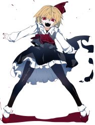 Rule 34 | 1girl, black pantyhose, black skirt, black vest, blonde hair, bobby socks, collared shirt, fangs, frilled shirt collar, frilled skirt, frills, full body, hair ribbon, highres, ikurauni, long sleeves, looking at viewer, nail polish, open mouth, outstretched arms, pantyhose, red eyes, red footwear, red nails, red ribbon, ribbon, rumia, shirt, short hair, skirt, skirt set, socks, socks over pantyhose, solo, spread arms, spread legs, standing, touhou, vest, white shirt, white socks