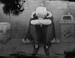 Rule 34 | 1boy, bad id, bad pixiv id, borrowed clothes, closed eyes, crossed arms, durarara!!, glasses, greyscale, head rest, heiwajima shizuo, jacket, jacket on shoulders, long sleeves, male focus, monochrome, on ground, outdoors, pants, shoes, sitting, sleeping, solo, splatter, sunglasses, trash can, vest